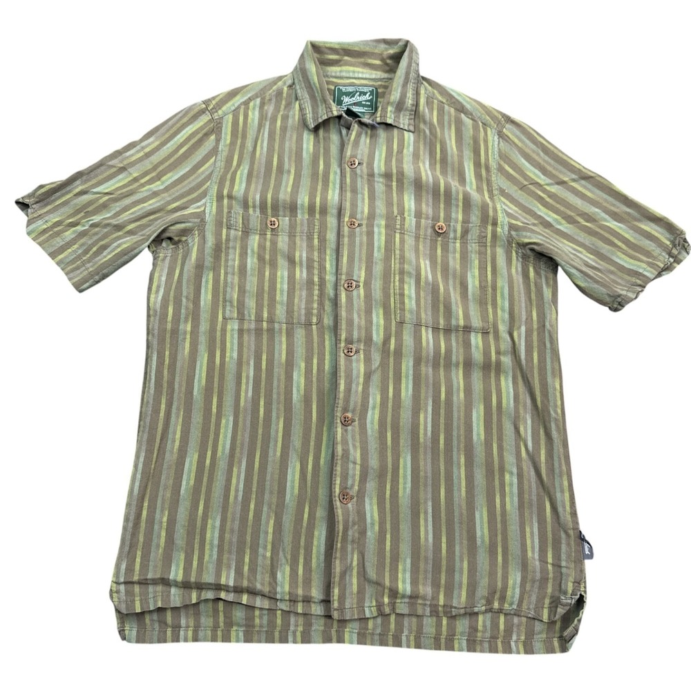 Woolrich Button Up Shirt Mens Size Small Green Striped Short Sleeve Casual
